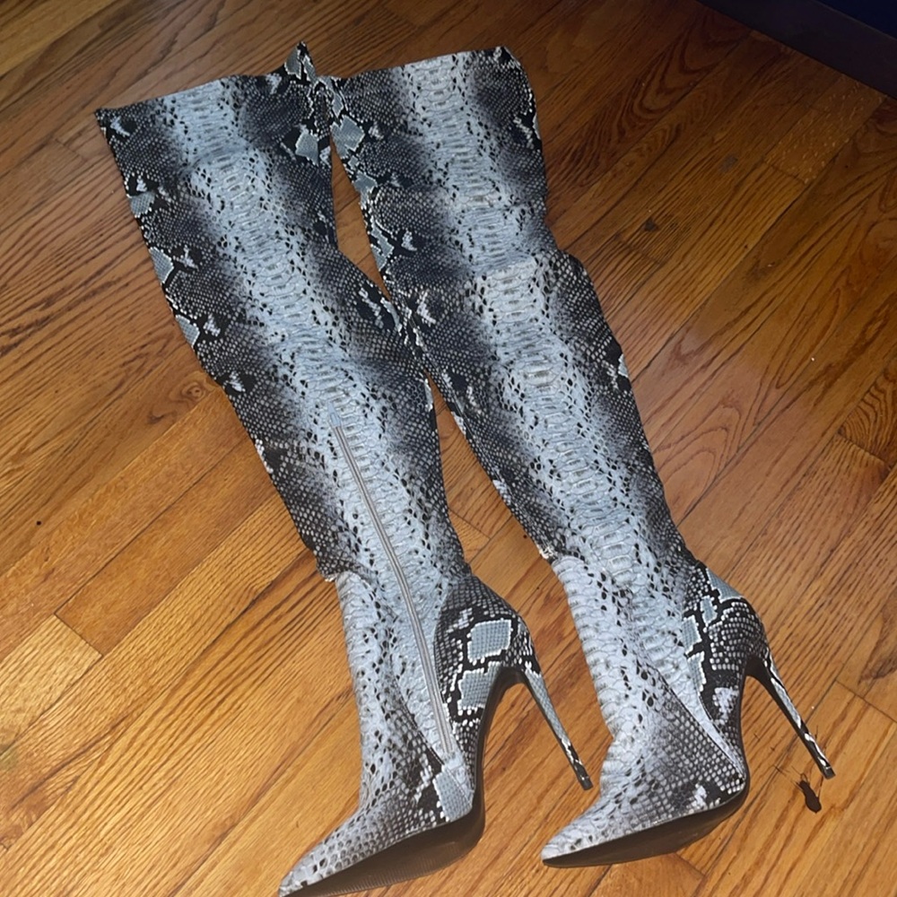 Missguided Grey Faux Snake Thigh High Boot